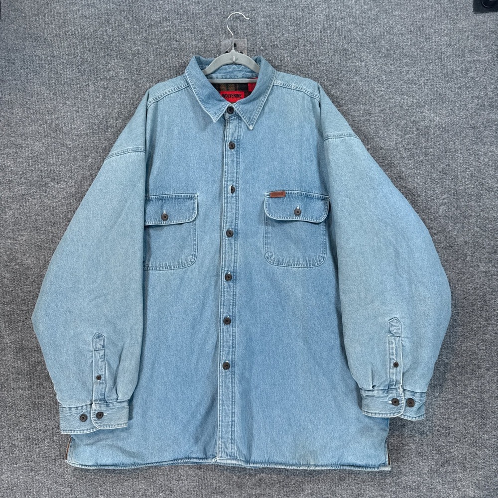 Wolverine Shirt Jacket Mens XXL Blue Fleece Lined Denim Plaid Workwear Shacket